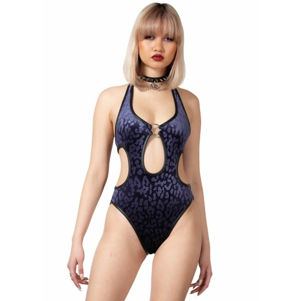 Killstar Barberella Halter Bodysuit Plum Leopard Velvet Cutout Small KSRA004245